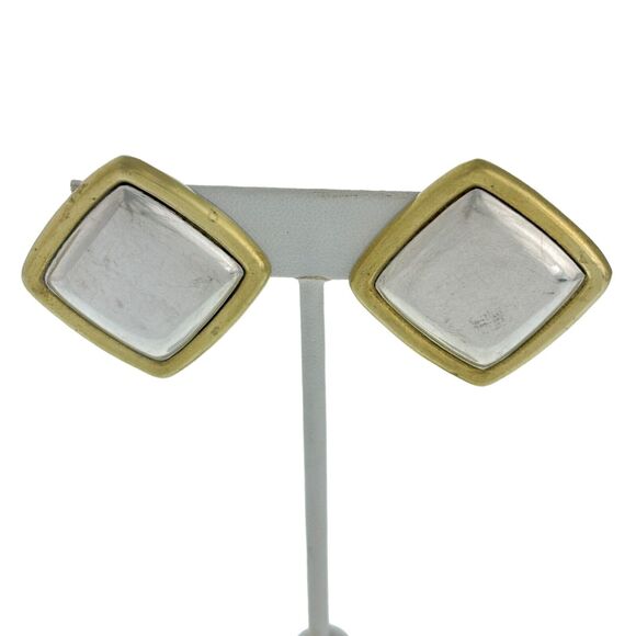 Brass Frame Rhombus Clip On Earrings | Vintage Mexico Laton Sterling Silver 925 - Picture 1 of 7
